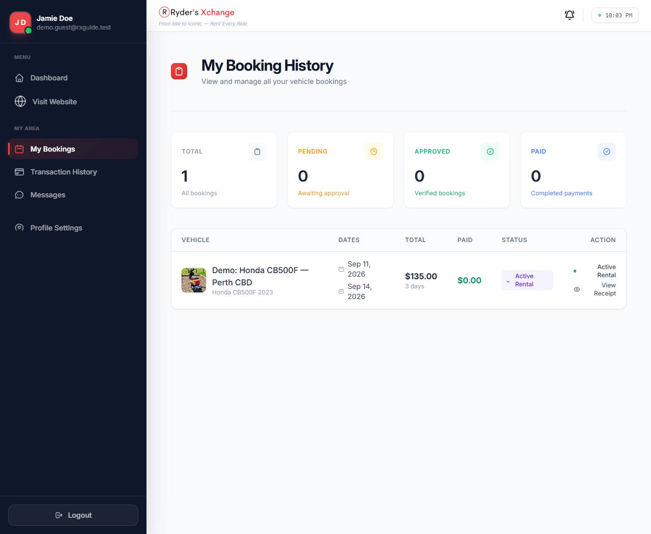 My Bookings page listing the guest's trips with dates, amounts and status.