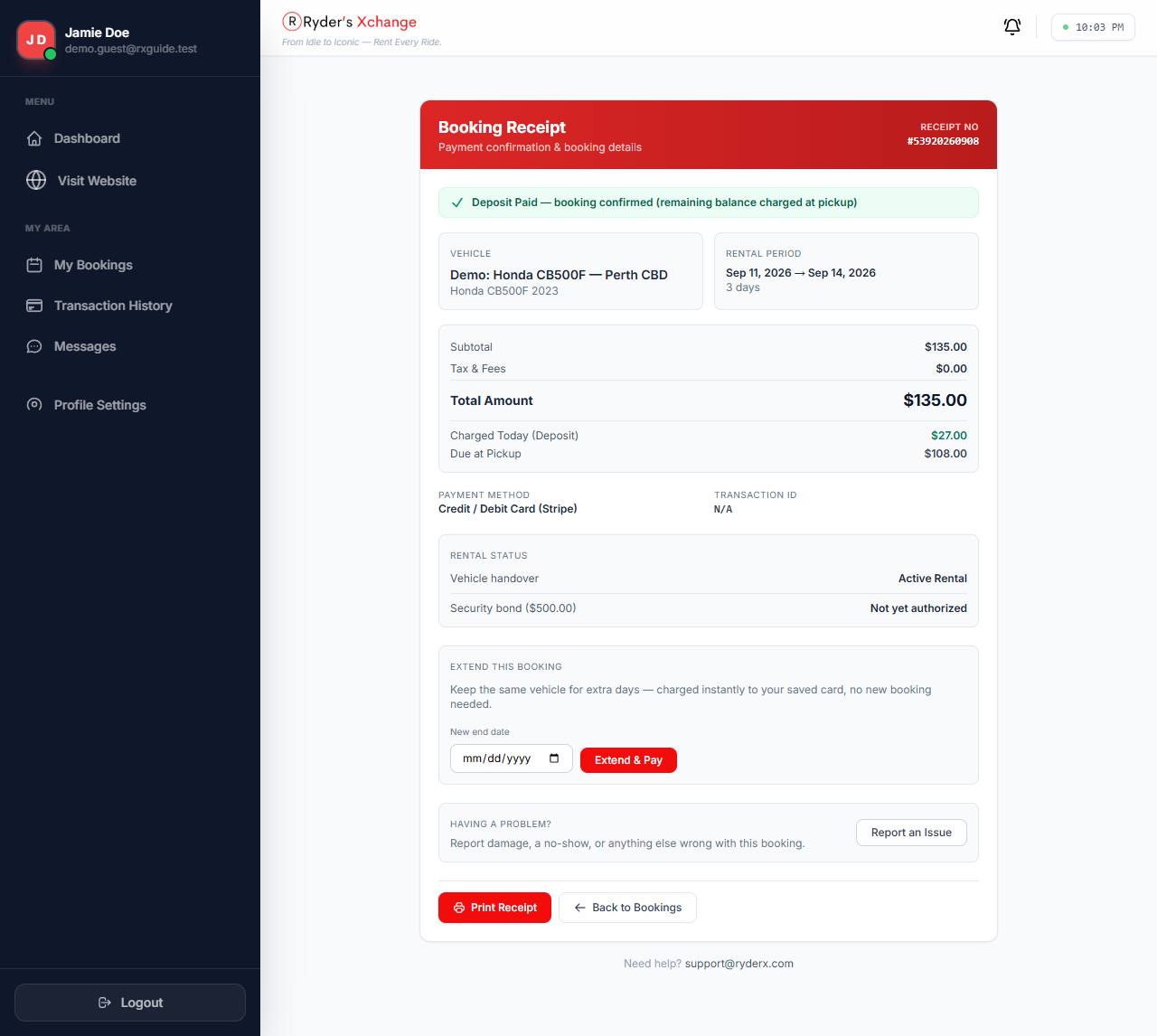 Booking receipt page showing vehicle, rental period, price breakdown, rental status, bond status and the extend booking panel.