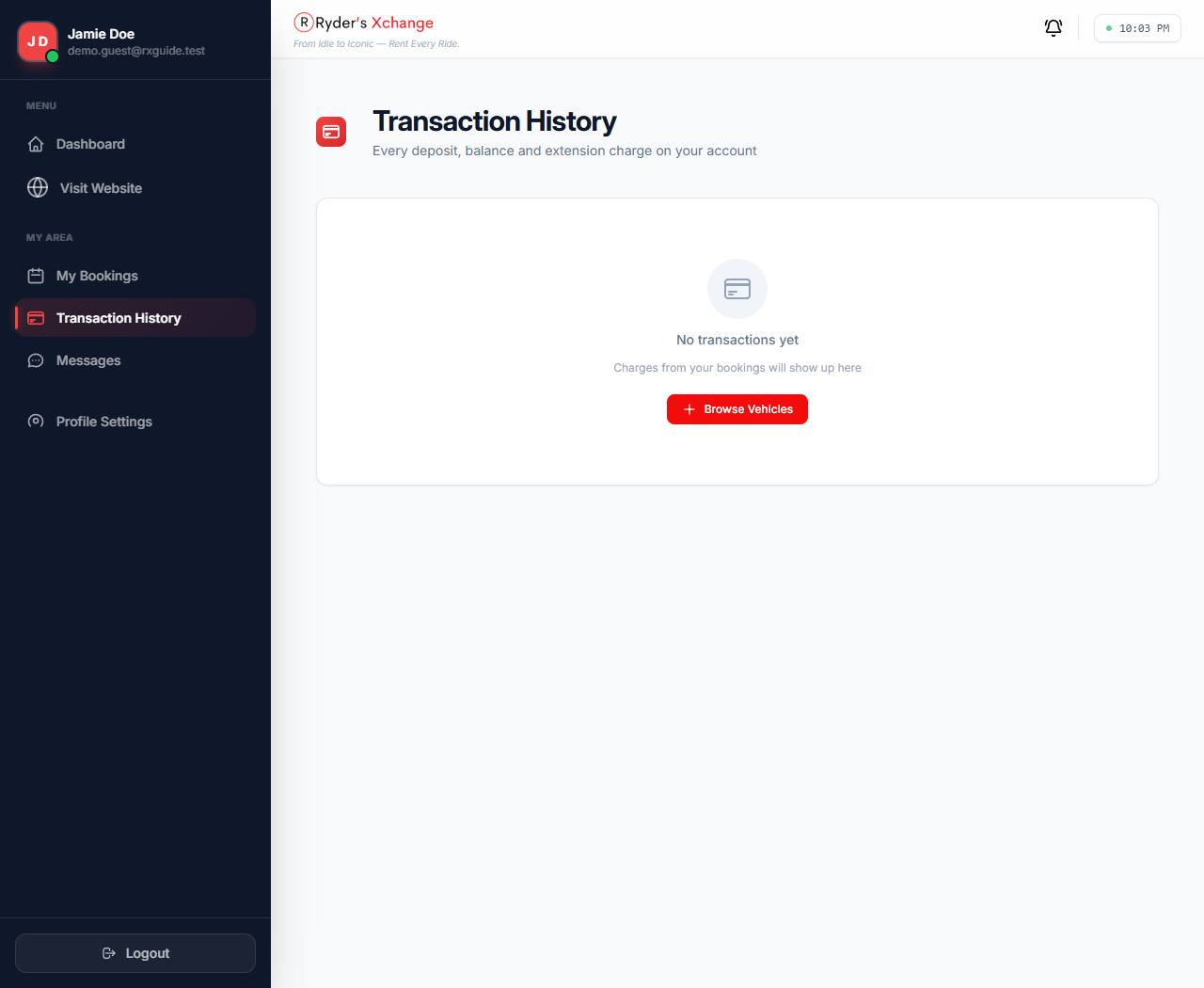 Transaction history page listing payments against the guest's bookings.