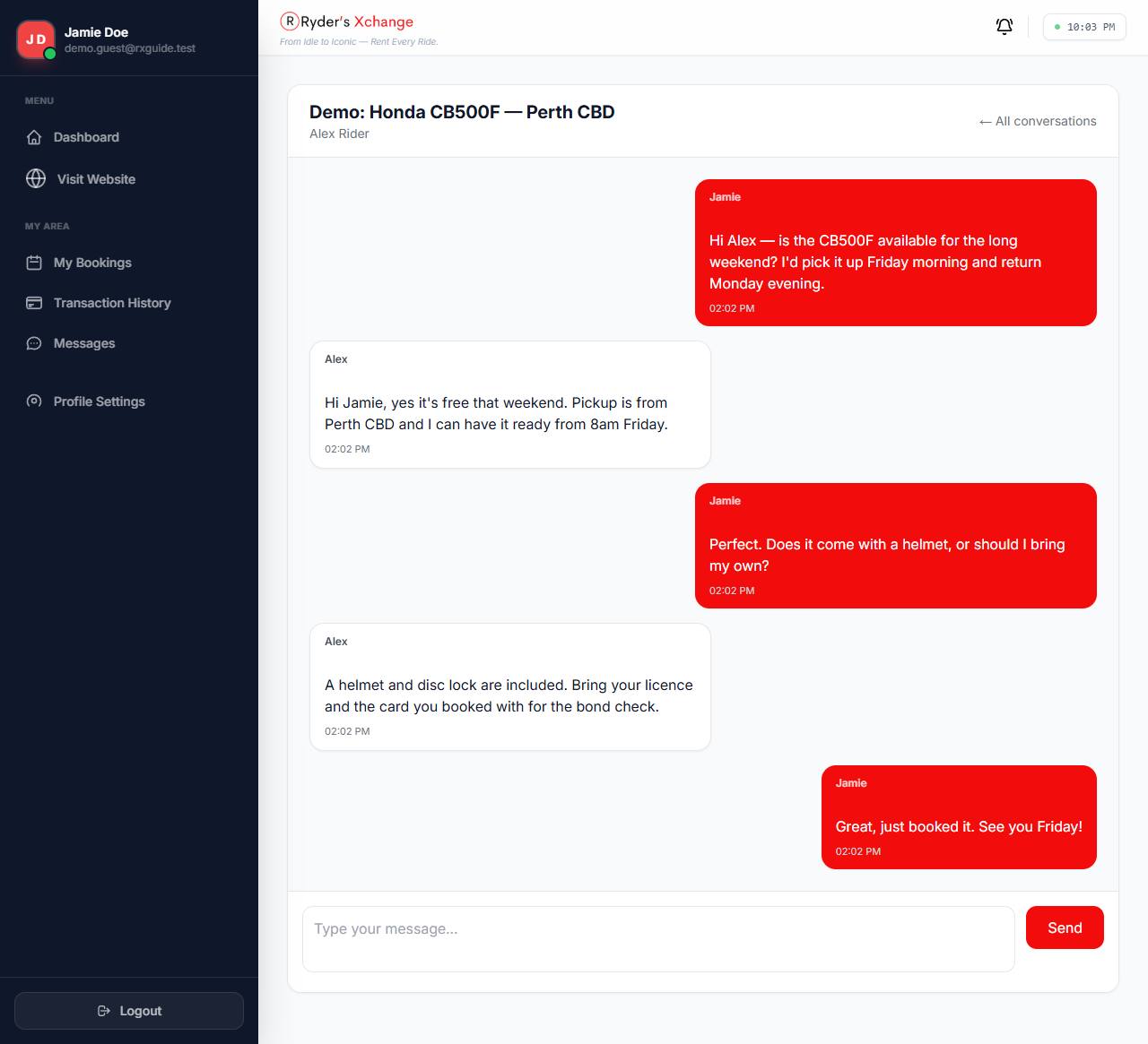 A message thread between a guest and a host discussing pickup arrangements for a booked bike.