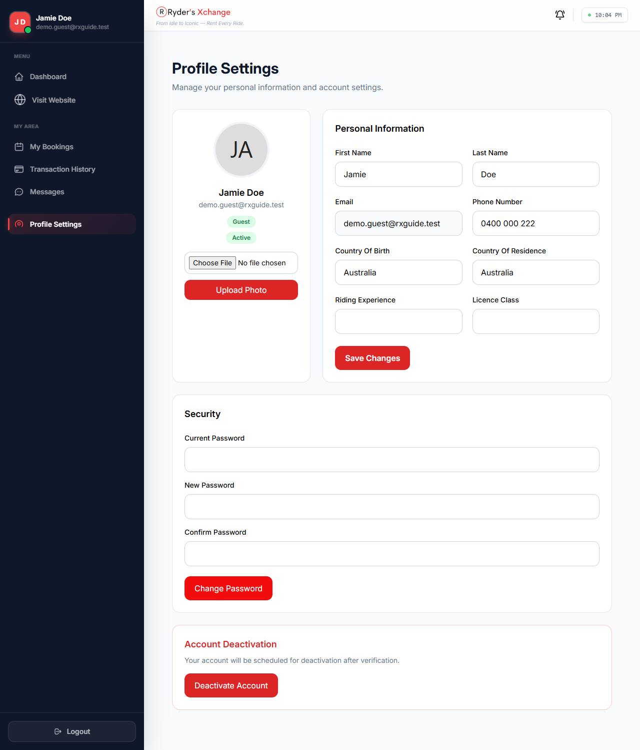 Profile settings page with personal details, profile photo and password fields.