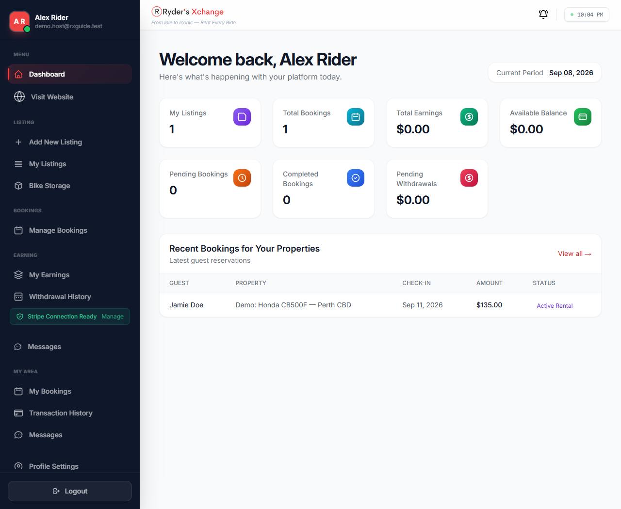 Host dashboard showing listing, booking, earnings and balance tiles, a recent bookings table, and the host sidebar.