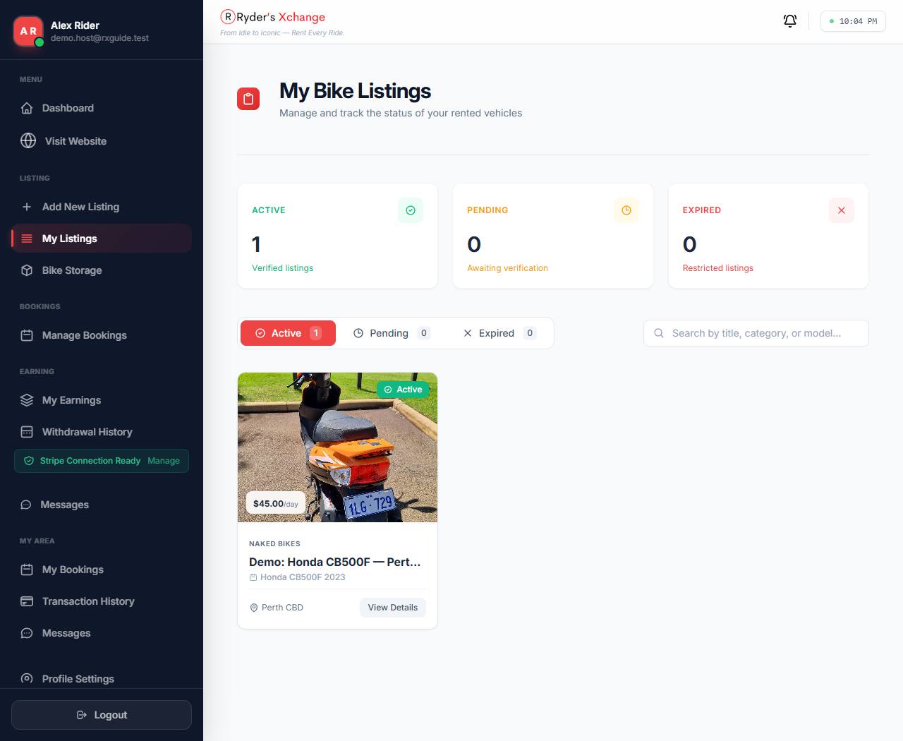 My Listings page showing the host's vehicles grouped by status with actions on each.