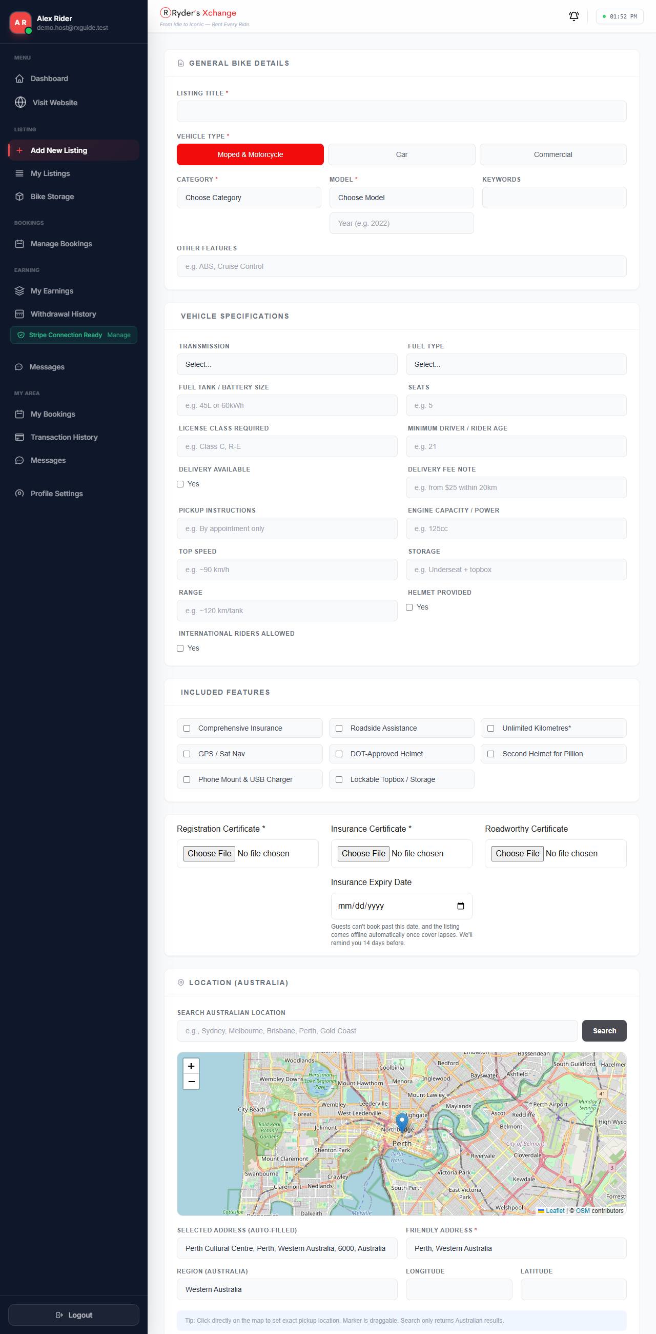 The Add New Listing form showing general bike details and vehicle specification fields.