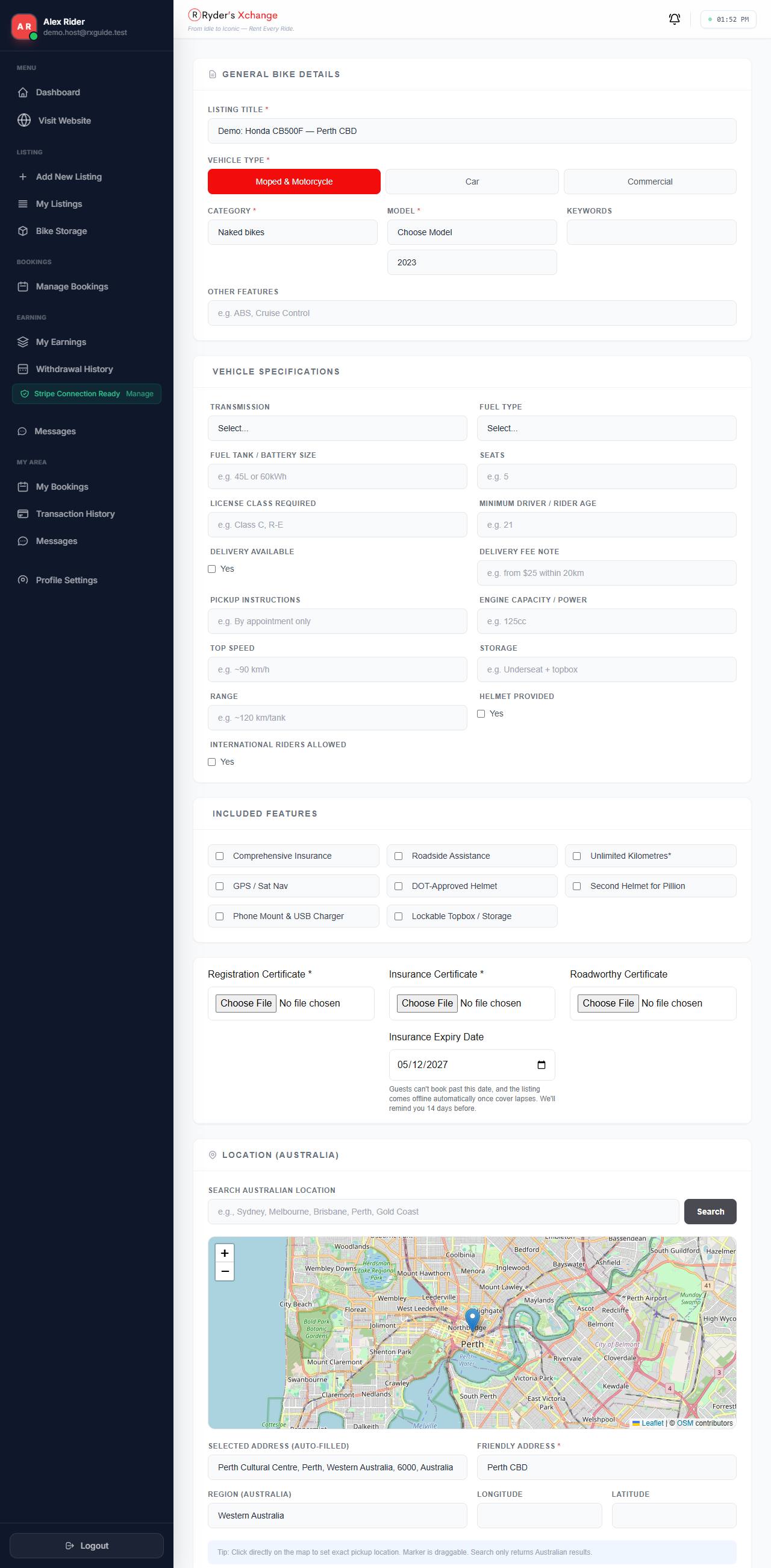 The edit listing form pre-filled with an existing vehicle's details.