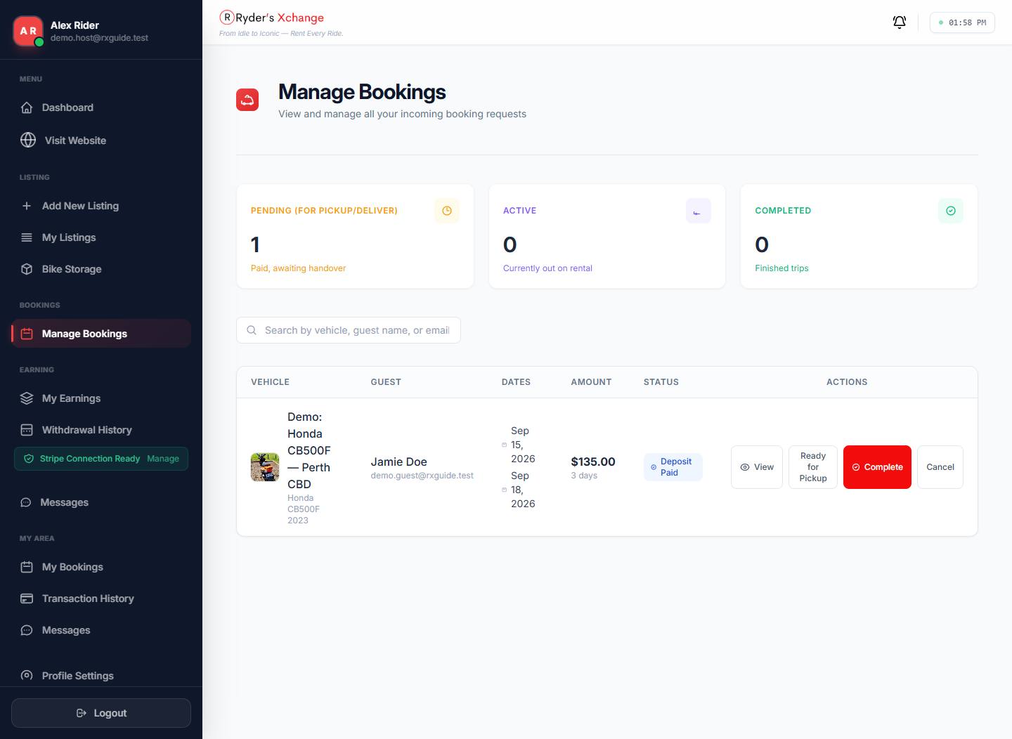 Manage Bookings page with counts for pending, active and completed, and a booking row with View and Mark Returned actions.
