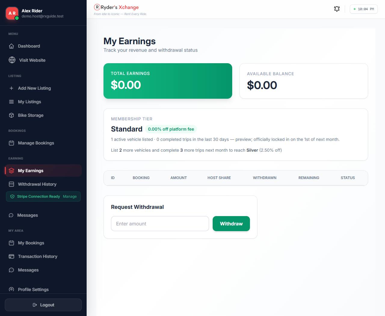My Earnings page showing total earnings, available balance, membership tier and a list of earnings by booking.