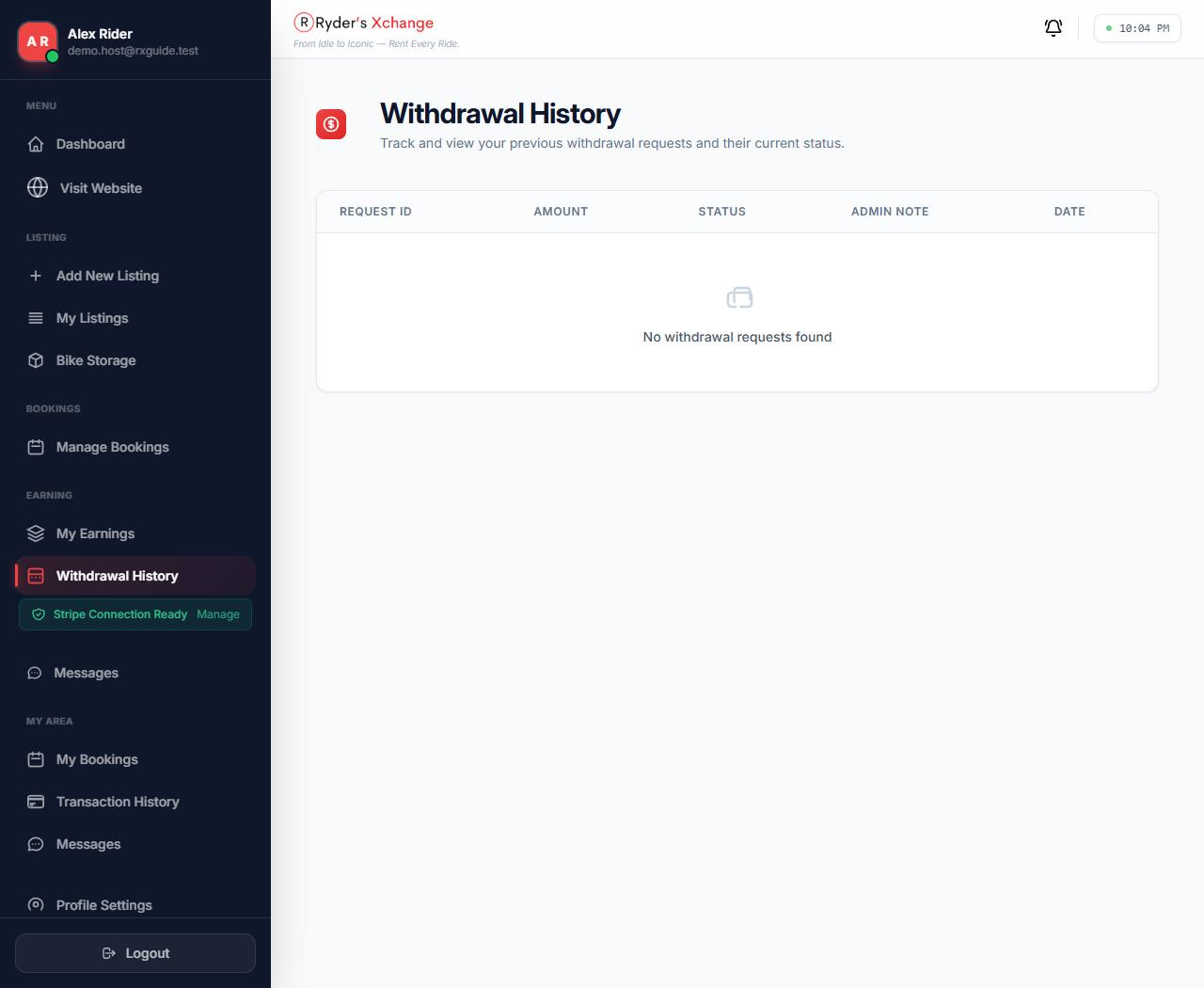 Withdrawal history page listing past withdrawal requests and their status.