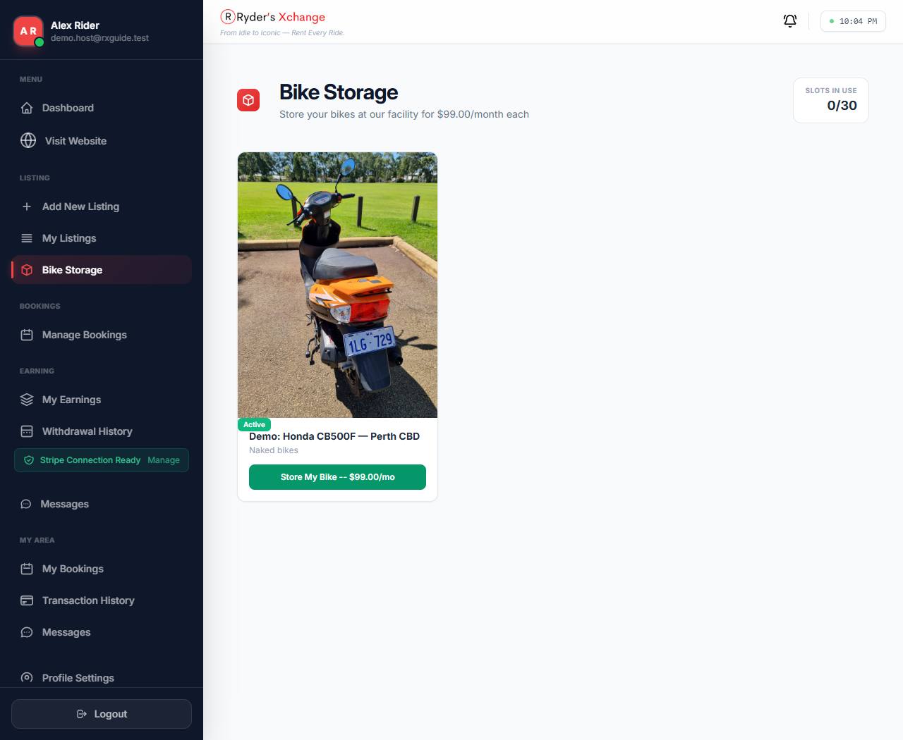 Bike Storage page showing the storage offer and any active subscriptions.