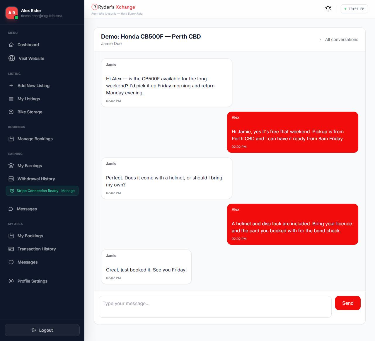 A host's message thread with a guest arranging pickup for a booked bike.