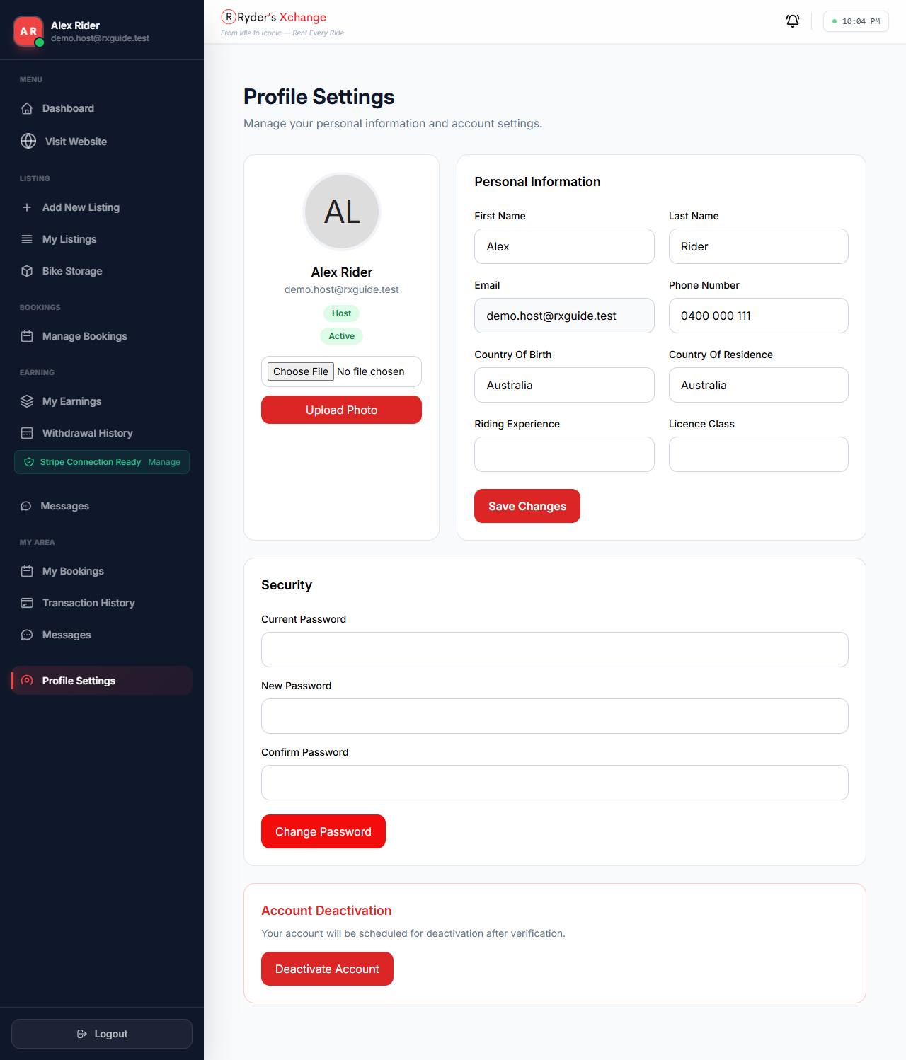 Host profile settings page with personal details, photo and password fields.