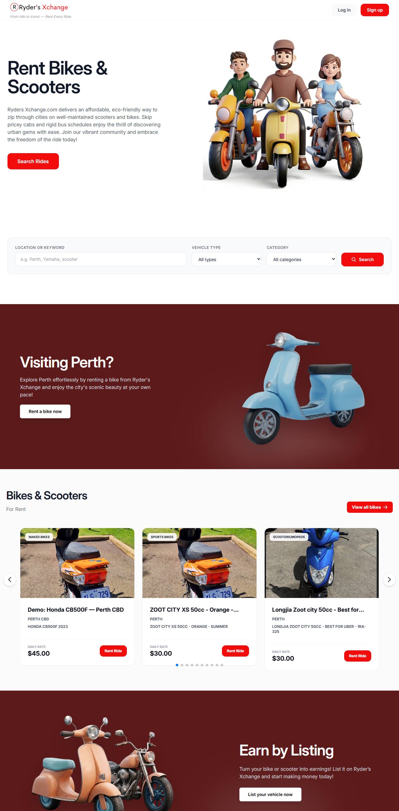 Ryder's Xchange home page showing the search panel and a row of vehicles available for rent.