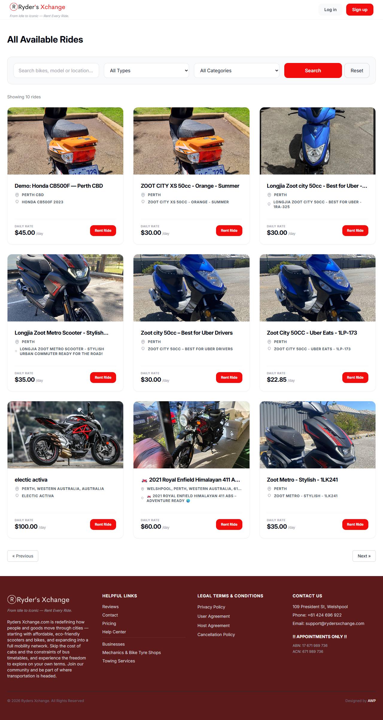 The All Bikes page showing a grid of vehicles with category, location and daily rate on each card.
