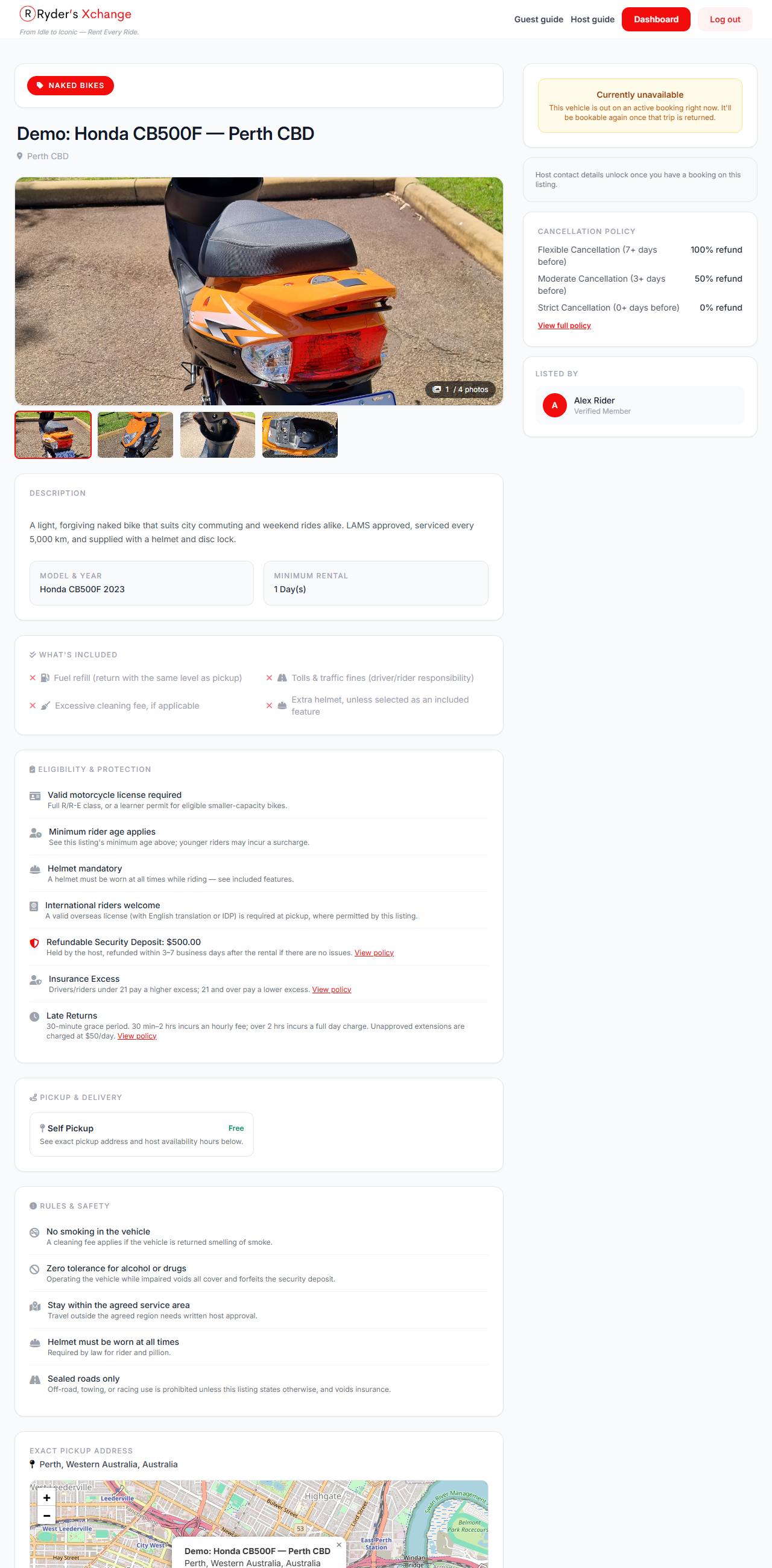 A vehicle listing page showing the photo gallery, daily rate, description and booking panel.