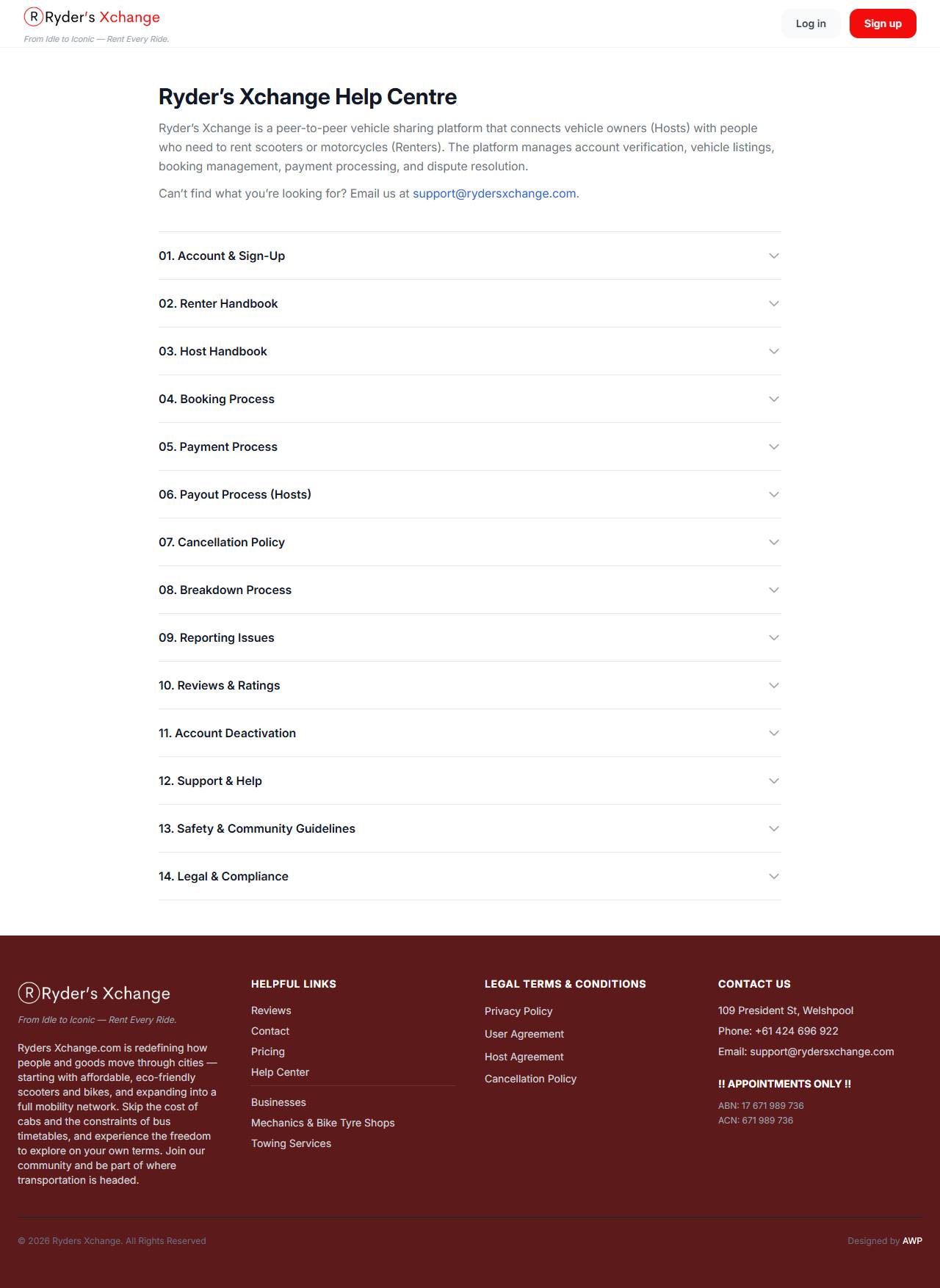 Help Centre page with frequently asked questions grouped by topic.