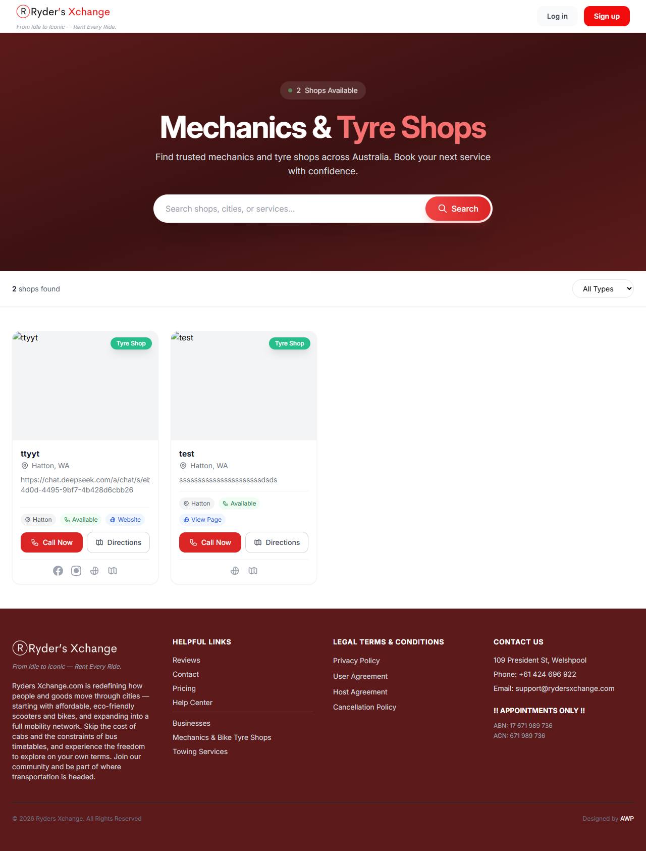 Mechanics and tyre shops directory page with searchable listings.