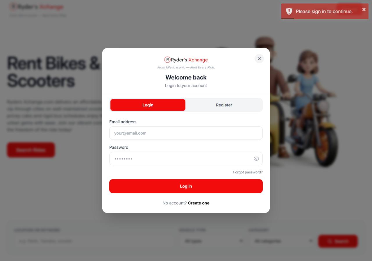 The Ryder's Xchange home page with the sign-in and registration pop-up open over it.